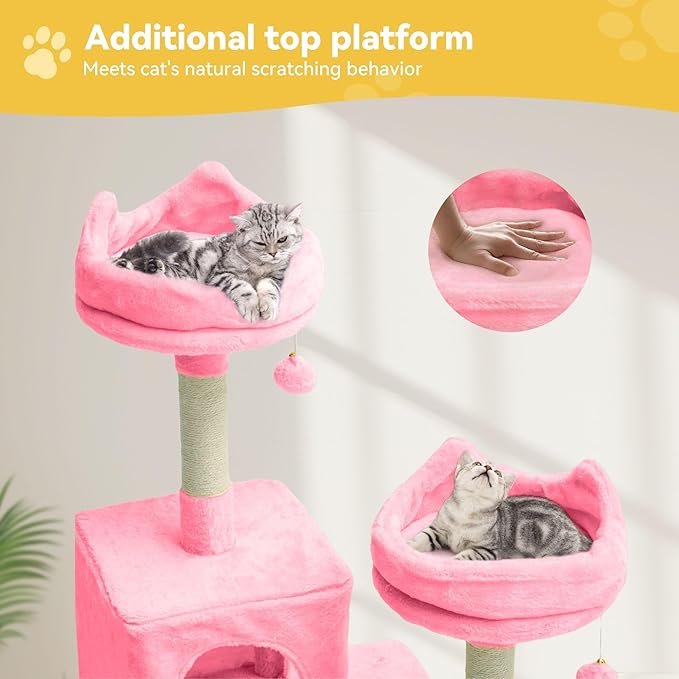DWVO 75 in Multi-Level Cat Tower: Tall Cats Tree for Indoor Kittens, Pet Furniture with Kitty Condos, Top Perches, Sisal Ramp Scratching Posts, Cozy Basket, Hammocks, Pink