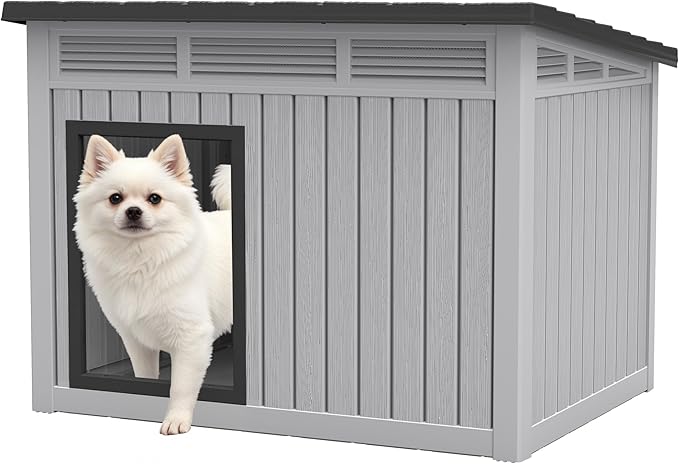 Bifanuo Dog House Outdoor Indoor for Medium Dog - Weatherproof & Removable Roof, Easy Assemble and Clean for Small to Medium Dogs(Grey, 32.1" L × 25.1" W × 24" H)