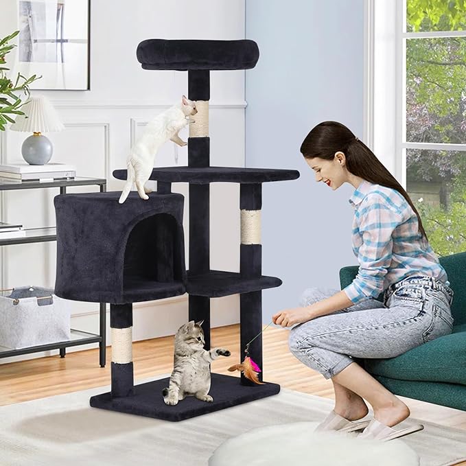 Cat Tree 36 Inch Cat Tower for Indoor Cats with Scratching Post,Padded Perch,Hanging Toys for Kittens & Adult Cats,Beige (Dark Gray)