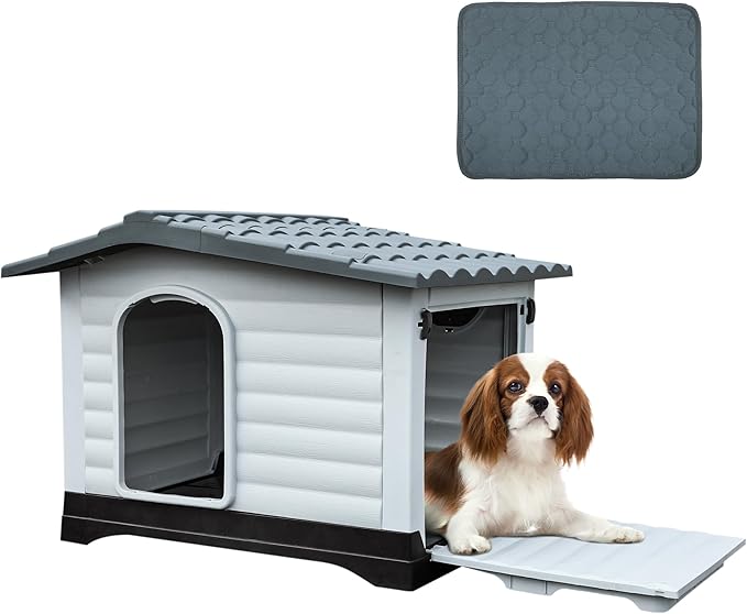 DWVO 36'' 2-Door Dog House with Elevated Base & Cushion, Plastic Pet House for Small and Medium Dogs, Easy Assembly, Water-Resistant for Indoor/Outdoor Use (36''L x 27.1''W x 26''H)