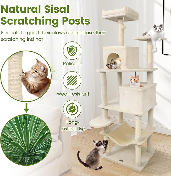 PETSITE Multi-Level Cat Tree, 75 Inches Tall with Sisal Scratching Posts, 2 Condos, Hammock, Dangling Balls, and Cozy Top Perch, Ideal for Indoor Cats to Play and Rest (Beige)