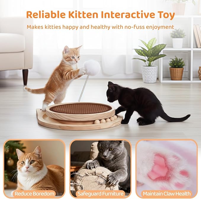 Natural Sisal Cat Scratcher with Ball, Round Kitten Scratching Pad Track and Spring Cat Toy Interactive Cat Toys for Indoor Cats Kitten Toys Enrichment Puzzle Play Exercise