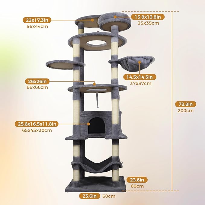 84.6 Inch Tall Cat Tree Tower with Large Base - 3 Condos, 11 Sisal Posts, 2 Hammocks & Interactive Toys, Multi-Level Cat Furniture for Multiple Cats, Durable Cat Climber (Dark Gray, 78.8 in)