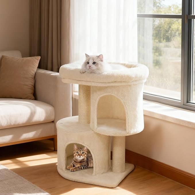 Tangkula Small Cat Tree for Indoor Cats, 26 Inch Cat Tower with Sisal Scratching Posts, Dual Cat Condos with Large Padded Push Perch, Modern Cat Climbing Furniture Activity Center (Beige)