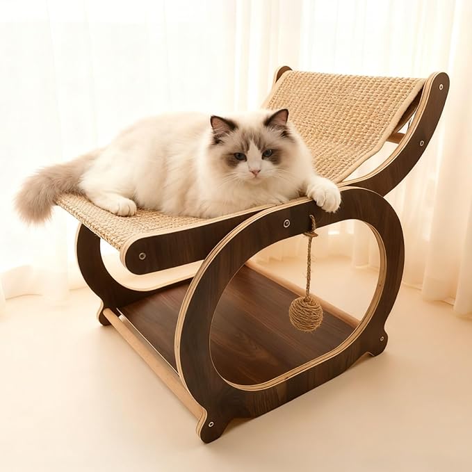 Sisal Cat Scratcher Chair, Elevated Cat Lounge Beds for Indoor Cats, Wooden Pet Hammock Couch for Scratching, Walnut