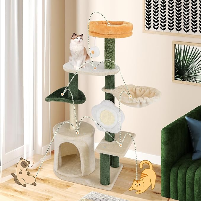 Tangkula Flower Cat Tree, Cute Cat Tower with Plush Top Perch, Cozy Condo, Sisal Scratching Post & Board, Dangling Ball, Curved Platform, Hammock, Floral Cat Tree for Indoor Cats