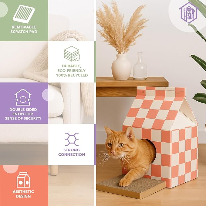 Cardboard Cat House with Scratch Pad – Durable Eco-Friendly Hideaway, Easy Assembly, Stylish Plum Checkered Design, Indoor Cat Furniture