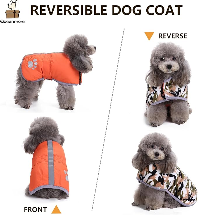 Queenmore Cold Weather Dog Coats Loft Reversible Winter Fleece Dog Vest Waterproof Pet Jacket Available in Extra Small, Small, Medium, Large Extra Large Sizes Orange