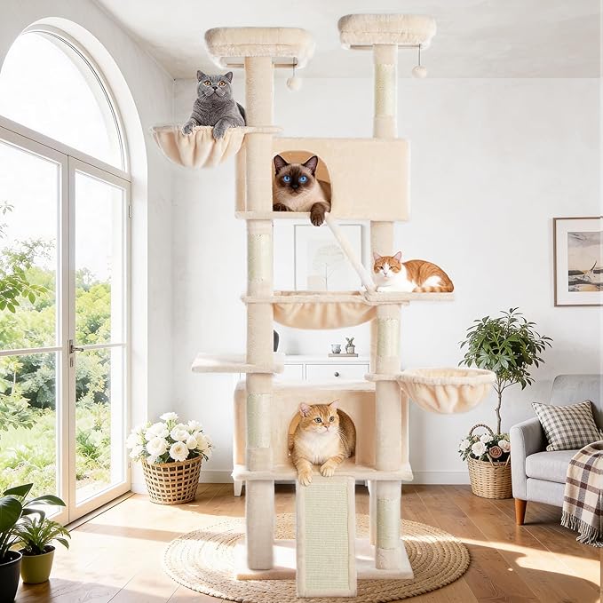 Cat Tree 82 in Multi-Level Cat Tower for Indoor Cats, Heavy Duty Large Cat Tree with Sisal Scratching Posts, Hammock, 2 Perches, 2 Condos, 2 Hanging Baskets, Beige