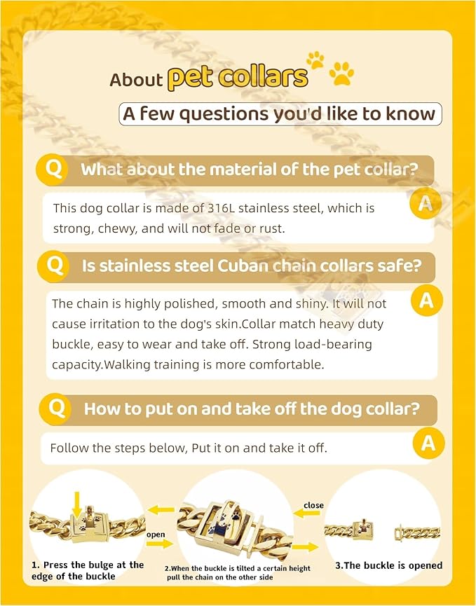 Gold Chain Dog Collars 15MM Stainless Steel Cuban Link Chain Collar with Secure Buckle Design, Metal Walking Training Collars, Chew Proof, Suitable for Small Medium Large Dogs (Gold,14'')
