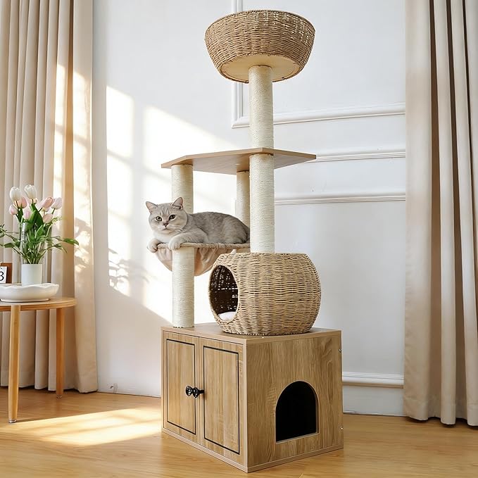 56.7" Tall Rattan Cat Tree for Indoor Cats, Multi-Level Wooden Cat Tower with Scratching Posts, Large Cat Climbing Furniture with Perches