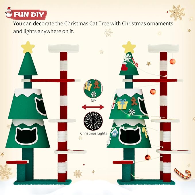 Christmas Cat Tree, Cat Tower for Indoor Cats with 2 Cat Condos, Thickened Cat Scratching Post，Cute Cat Furniture with DIY Christmas-Themed Stickers and LED String Lights