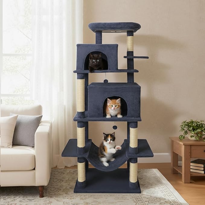 Tangkula 70 Inch Tall Cat Tree, Multi-Level Large Cat Tower with Sisal Scratching Posts, Plush Top Perch, 2 Condos, Hammock, 2 Dangling Balls, Cat Tree Tower for Indoor Cats Large Adults (Dark Grey)