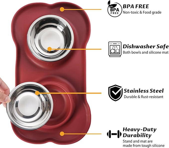 Hubulk Pet Dog Bowls 2 Stainless Steel Dog Bowl with No Spill Non-Skid Silicone Mat + Pet Food Scoop Water and Food Feeder Bowls for Feeding Small Medium Large Dogs Cats Puppies (Large, Burgundy)
