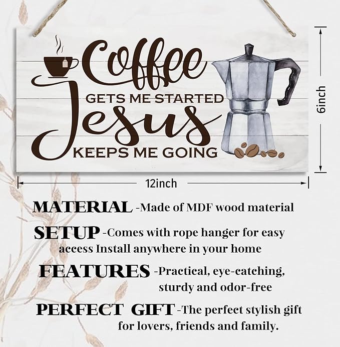 Hanging Coffee Wood Decor Sign, Jesus Keeps Me Going, Printed Wooden Plaque Decor, Coffee Bar Sign, Rustic Farmhouse Kitchen Wall Decor Sign 12x6 inch