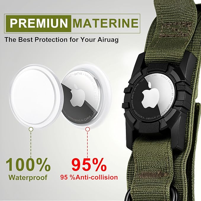 Tactical AirTag Dog Collar Leash Set - Heavy Duty, Adjustable GPS Collar Compatible with Apple AirTag, with Holder & Control Handle for Medium/Large Dogs [Green, XL]