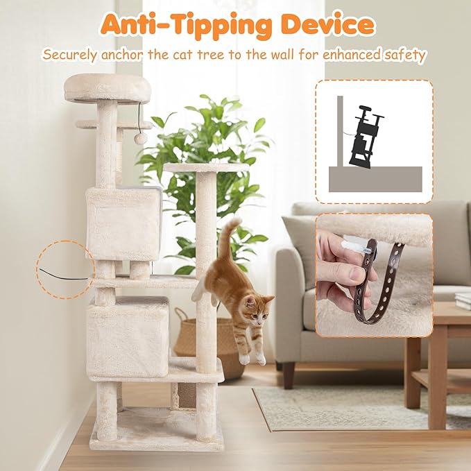 Tangkula Cat Tree Tower, 52 Inch Multi-Level Cat Tower with Sisal Scratching Posts, Cushioned Top Perch, Large Dual Condos & Ladder, 2 Hanging Balls, Jumping Platforms for Indoor Cats (Beige)