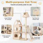 PETSITE 64" Tall Cat Tree Tower for Indoor Cats, Modern Cat Activity Center with Top Perch, Condos, Basket Bed, Sisal Posts, Scratching Board & Ball, Beige