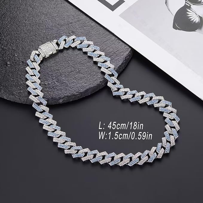 Blue Dog Chain Collar Bling Diamond Cuban Link Dog Necklace Collar Glitter Rhinestone Puppy for Small Medium Large Pet Dogs(Blue 14inch)