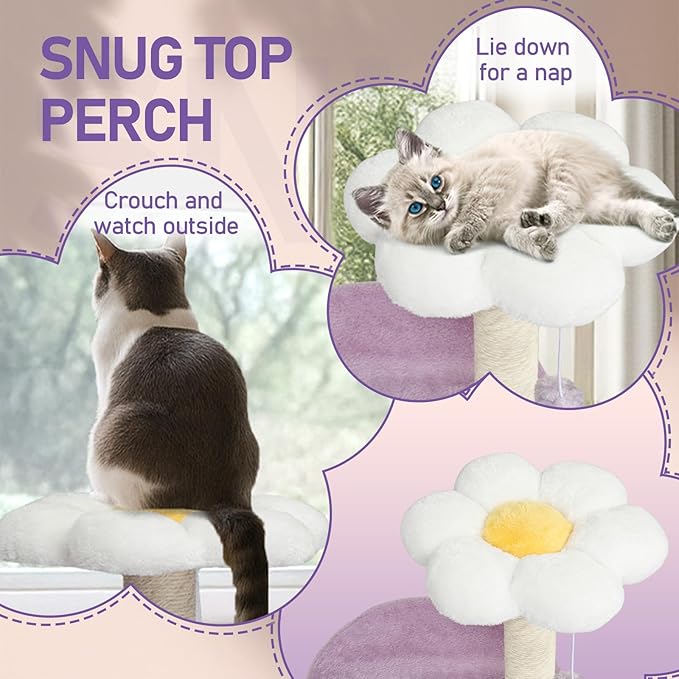 Cat Tree, 33" Multi-Level Cloud Cat Tree Tower with Cozy Padded Bed & Large Condo for All Sized Cats, Featuring Scratching Posts, Viewing Perch & Toys, Stable Small Cat Tower (Green)