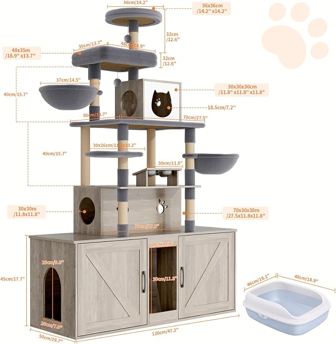 HavenlyYouth Cat Tree with 2 Litter Box Enclosures, All-in-One Cat Tower, Cat Condo with Sisal Scratching Posts, Hammocks, Detachable Plush Ball, Wooden Cat Furniture with Large Platforms, Grey
