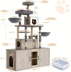 HavenlyYouth Cat Tree with 2 Litter Box Enclosures, All-in-One Cat Tower, Cat Condo with Sisal Scratching Posts, Hammocks, Detachable Plush Ball, Wooden Cat Furniture with Large Platforms, Grey