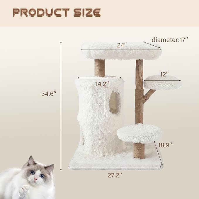 Morden Cat Tree for Indoor Cats, Aesthetic Solid Wood Cat Tree w/Natural Solid Wood Scratching Post, Boho White Cat Condo with 2 Cloud Perches, Platform