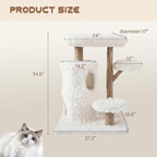 Morden Cat Tree for Indoor Cats, Aesthetic Solid Wood Cat Tree w/Natural Solid Wood Scratching Post, Boho White Cat Condo with 2 Cloud Perches, Platform