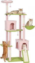PawHut Flower Cat Tree, 74" Large Cat Tower for Indoor Kittens with 2 Spacious Condos, Sisal Scratching Posts, 2 Hanging Balls, Perches, Ramp, Bed, Pink