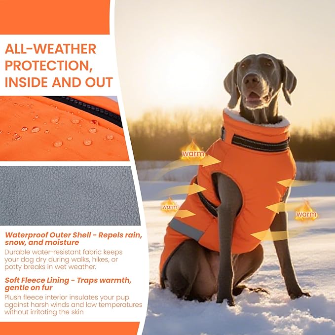 QBLEEV Warm Dog Coat for Medium Dogs, Waterproof Dog Winter Jacket with Built-in Harness & Reflective, Snowproof Warm Coat with Zip Closure, Windproof Neck Drawcord Snow Jackets, Orange, L