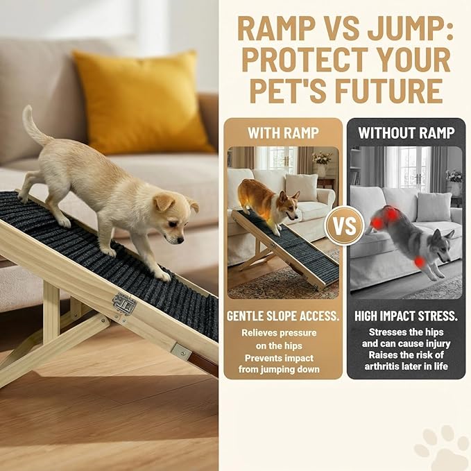 2026 Upgraded Foldable Dog Ramp for Couches, Wooden Small Dog Ramp for Sofa - 4 Adjustable Heights (12"-19"), Portable, Stable & Non-Slip, Wood