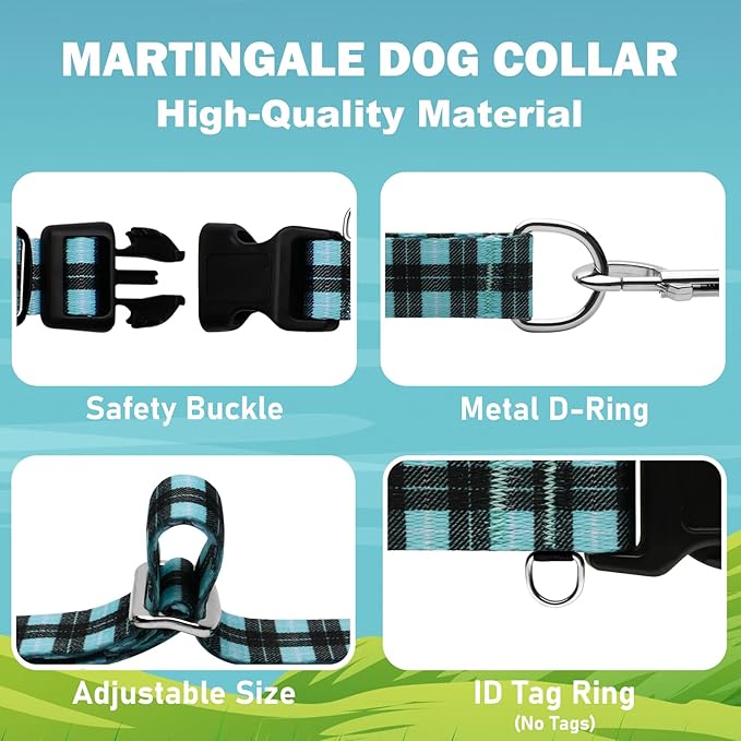Martingale Collar for Dogs with Buckle No Pull Adjustable Nylon Limited Slip Training Dog Collars (Blue Plaid, Large)