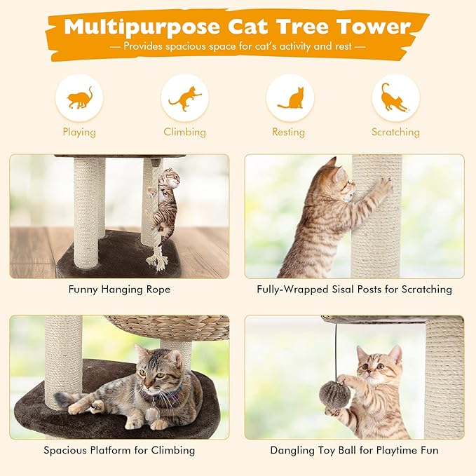 41 Inches Wicker Cat Tree, Modern Cat Tower with Handwoven Cat Condo & Perch, Scratching Post, Dangling Balls and Sisal Rope, Indoor Cat Tree Tower for Large Adult Cats 20 Lbs