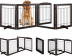 Vantas Folding Pet Gate 96" Wide, 30" Tall No-Assembly Wooden Dog Gate with Door Walk Through, Freestanding Wire Pet Puppy Safety Fence, with 2PCS Support – Espresso