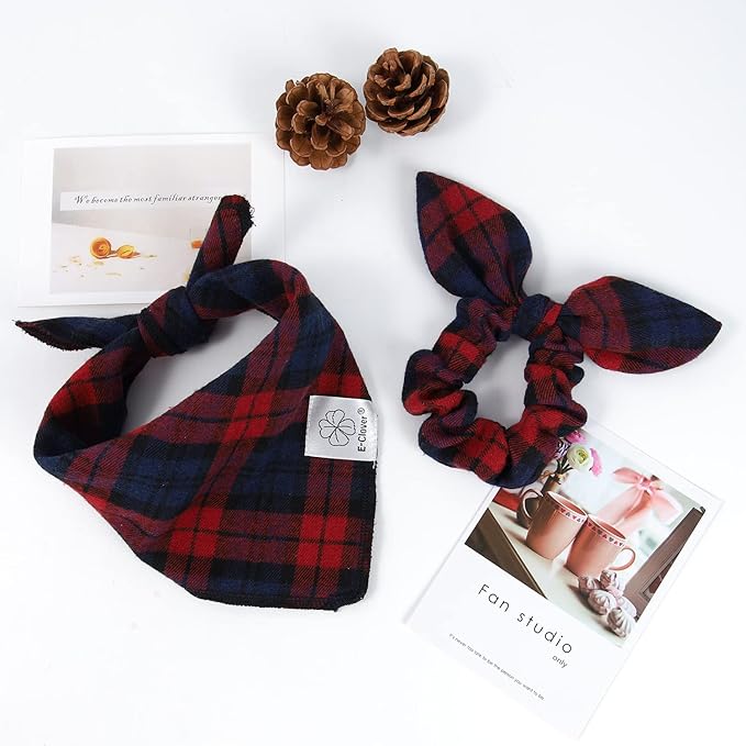 E-Clover Red Blue Dog Bandanas & Matching Scrunchie Set Plaid Dog Scarf Bibs Pet Handkerchief for Small Dogs Puppy Owner Gifts