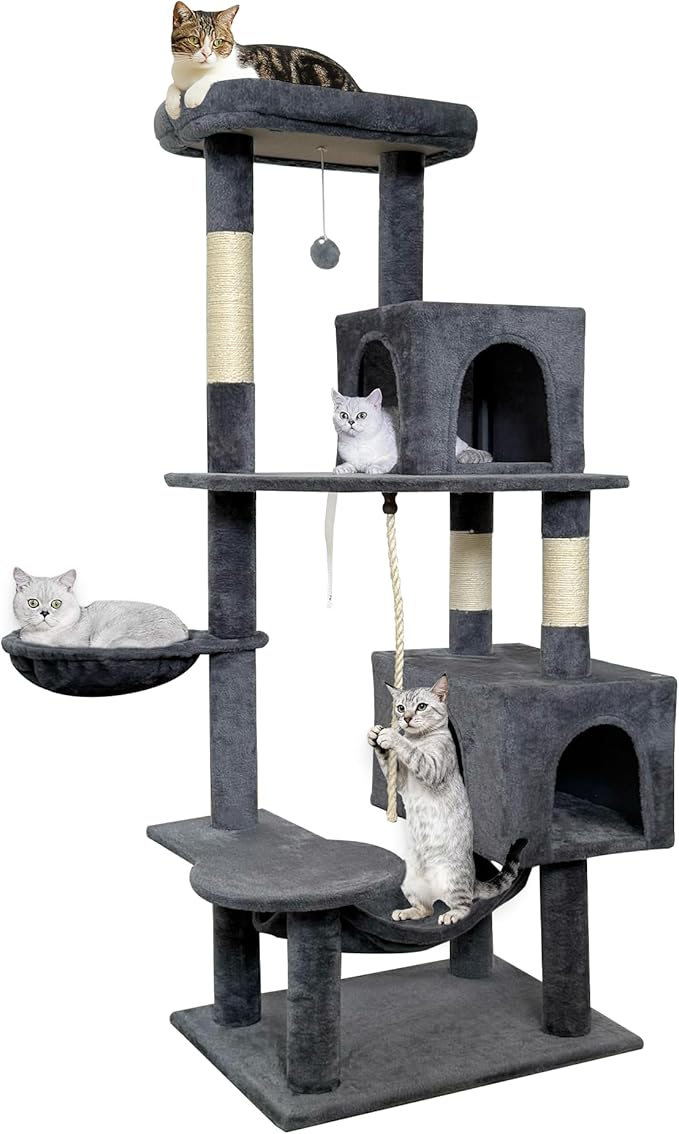 58" cat Tree Tall, Large Multi-Level Cat Condo with Sisal Leaf Scratching Posts, Sturdy Construction Easy Assembly, Indoor Pet Furniture,Gray