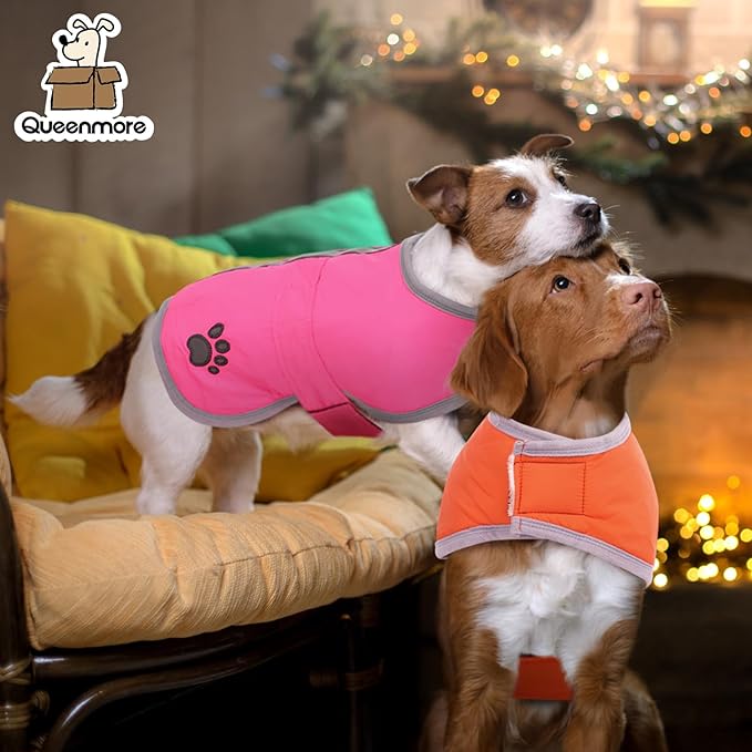 Queenmore Cold Weather Dog Coats Loft Reversible Winter Fleece Dog Vest Waterproof Pet Jacket Available in Extra Small, Small, Medium, Large Extra Large Sizes Orange