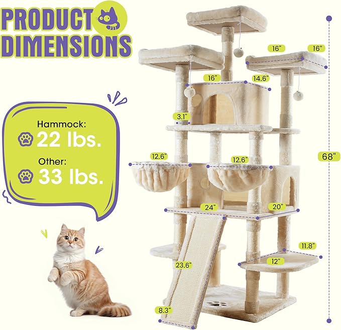 WEEWAY 68 Inches Multi-Level Large Cat Tree for Feline‌/Big Tower/Condo/Cozy Plush Kitty Perches/Fluffy Balls/Sisal Scratching Posts and Hammocks/Cave/Furniture Activity Center/Beige