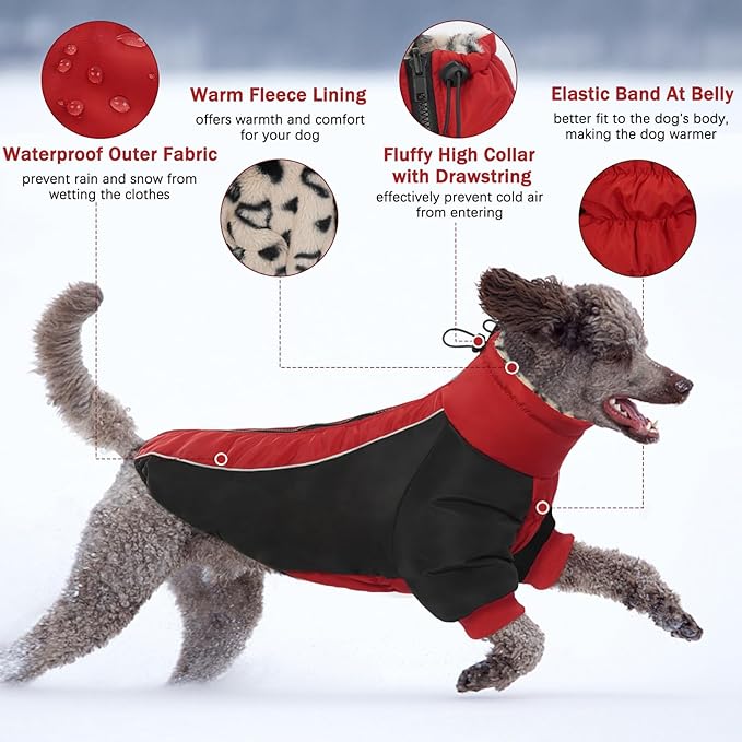 IDOMIK Reversible Dog Winter Coat, Thick Warm Dog Coat with Leopard Fleece Lining&Zipper, Adjustable High Collar Waterproof Jacket, Reflective Pet Cold Weather Coats for Medium Dogs,Red,M