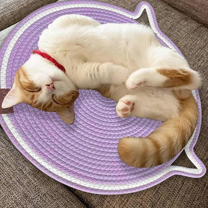 Personalized Cat Scratcher Mat, Customized with Name Text Natural Cotton Rope Round Horizontal Cat Scratching Pads with Ball Toy, Cat Furniture Protector for Wall, Couch, Carpets, Sofa (Purple)