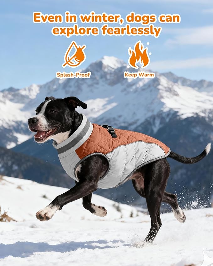 Dog Winter Coat for Large Dogs, Adjustable Puppy Warm Jackets in Cold Weather, Reflective Pet Fleece Vest with External Attachment Points, Zippered Cold-Weather Dog Winter Clothes, L Brown
