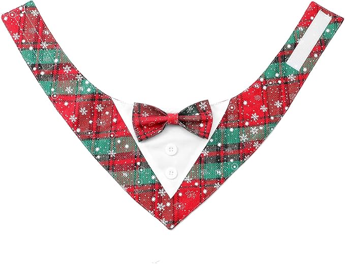 Adjustable Plaid Christmas Dog Tuxedo Bandana with Bow Tie - Holiday Pet Outfit Costume for Dogs XS to XL