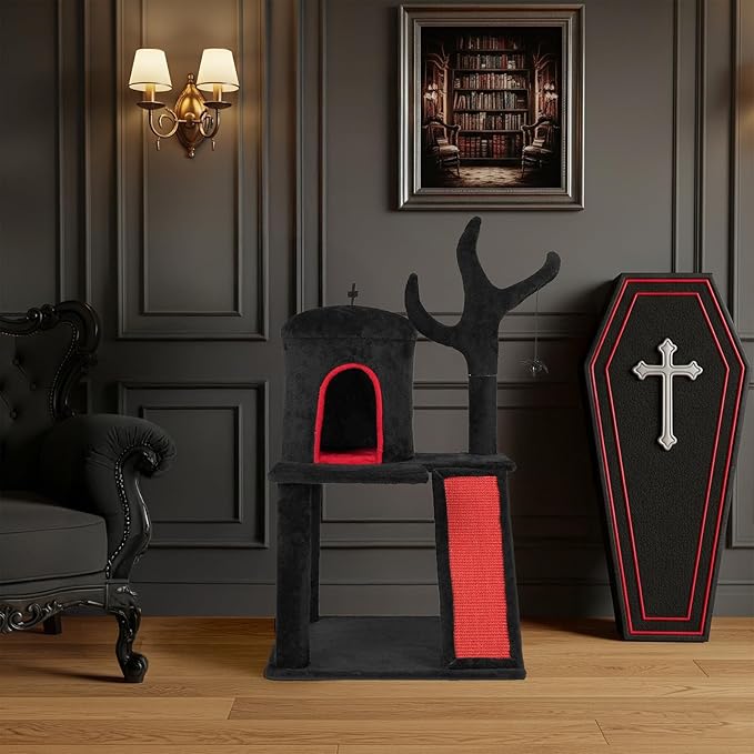 42" Gothic Cat Tree with Cat Condo for Indoor Cats, Halloween Cat Tower with Branch Shaped Scratching Post, Scratching Ladder & Spider Toy - Red & Black Themed Cat Furniture for Large Cats