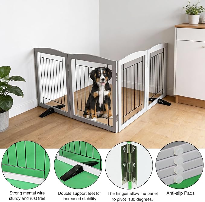 Dog Fence Indoor,Dog Gate Indoor for Doorway pet gate -4-Panel Freestanding, Hallways, House or Stairs -80x32-Inch Retractable Foldable Expandable Wood Pet by SFJC (Grey) ﻿