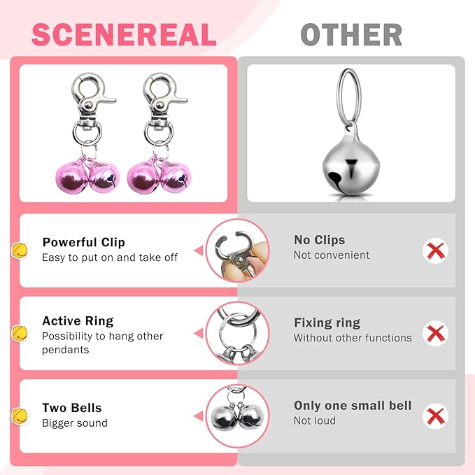SCENEREAL Bells for Dog Collars - 2 Pack Pet Hanging Ring Bell Accessories for Dog & Cat, Pet Pendant Collar Charm with Heavy Duty Snap Clips, Sliver Bells for Tracking and Training Christmas Gift, Pink+Pink