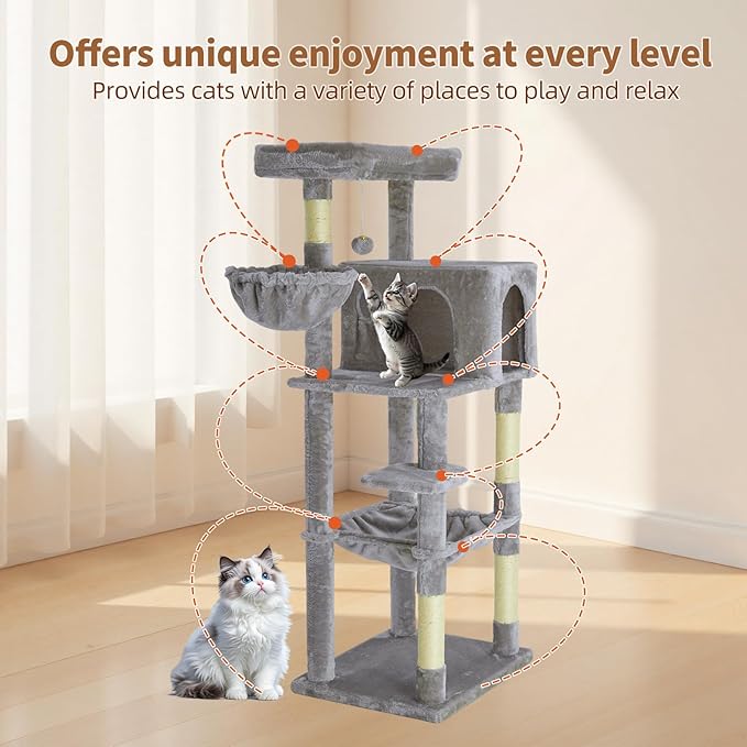 56.2 Inch Cat Tree Condo, Multi-Level Tower with Sisal Scratching Post, Cat House, Plush Toy & Indoor Play Gym (Grey)