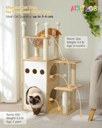 42.5" Modern Wooden Cat Tree with 2-Story Condo, Scratching Posts, Capsule Nest & Dangling Balls - Sky City Design Indoor Furniture for Cats, Beige