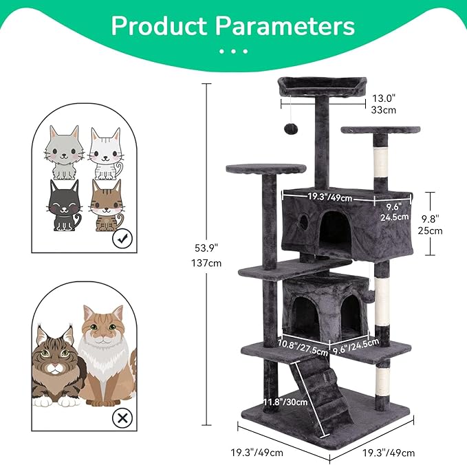 Cat Tree 54 Inch Cat Condo Stand House Multi-Level Cat Tower Durable Cat Scratching Post & Cozy Fun Indoor Cat Jumping Platform Kitty Activity Center with Furry Ball Toys for Cats, Light Gray