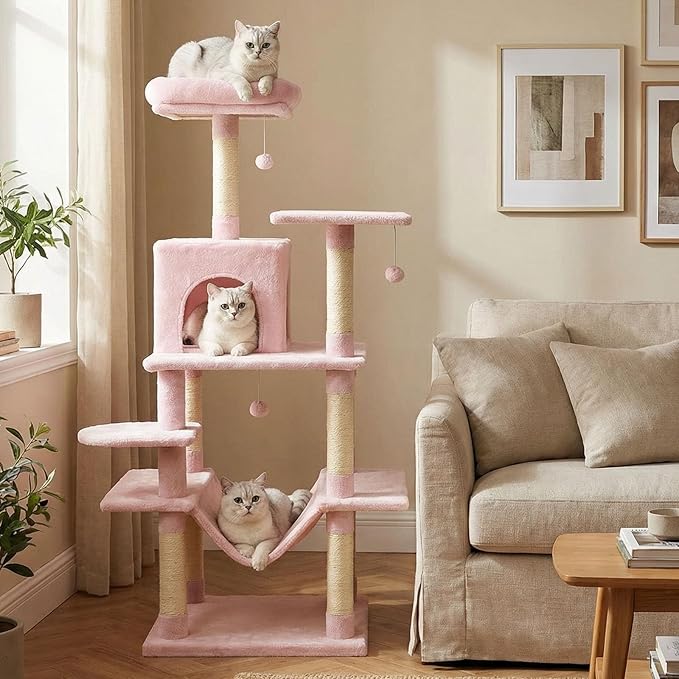 Tangkula 58 Inch Pink Cat Tree, Multi-Level Cat Tower with Sisal Scratching Posts, Padded Top Perch, Condo & Hammock, 3 Hanging Balls, Jumping Platforms for Indoor Cats (Pink)