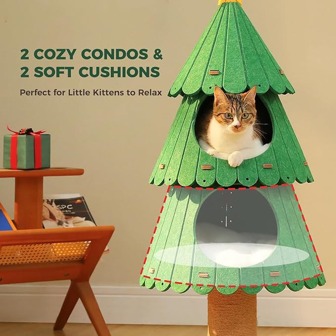 42.9 Inch Cat Tree for Indoor Cats, Cute Cat Tower with 2 Cozy Houses, Holiday Kitty Climbing Furniture for Kittens to Play and Sleep